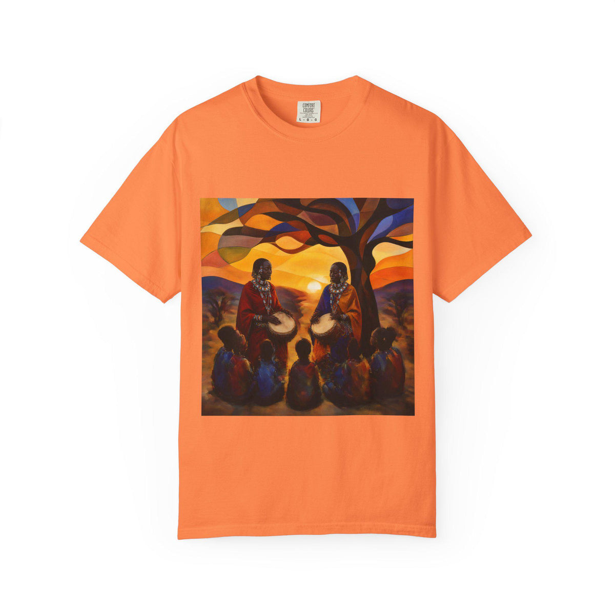 African Drum Circle T-shirt | Sunset Tree Scene, Folk Music Illustration