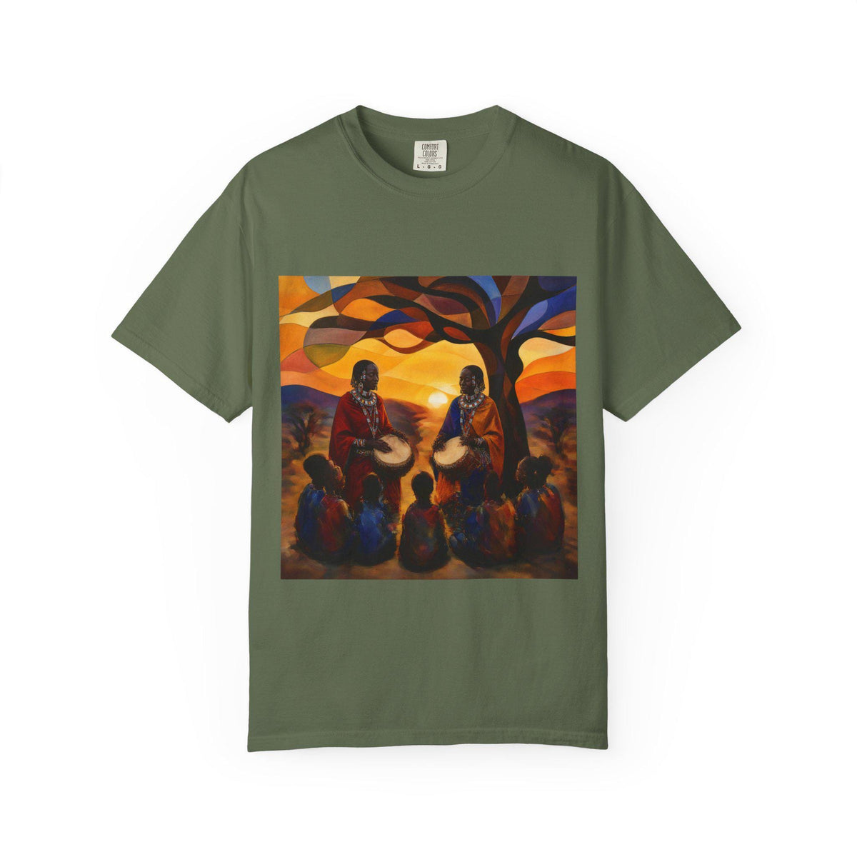 African Drum Circle T-shirt | Sunset Tree Scene, Folk Music Illustration