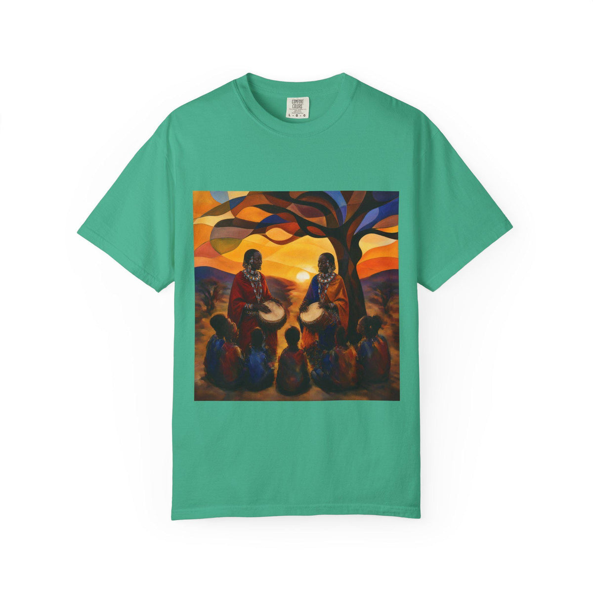 African Drum Circle T-shirt | Sunset Tree Scene, Folk Music Illustration