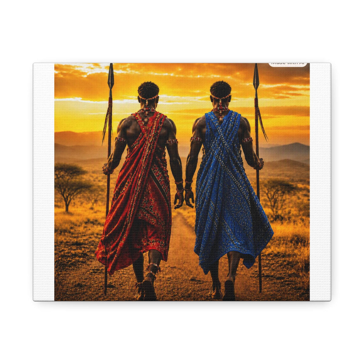 Maasai Warriors Stretched Canvas | African Sunset Wall Art