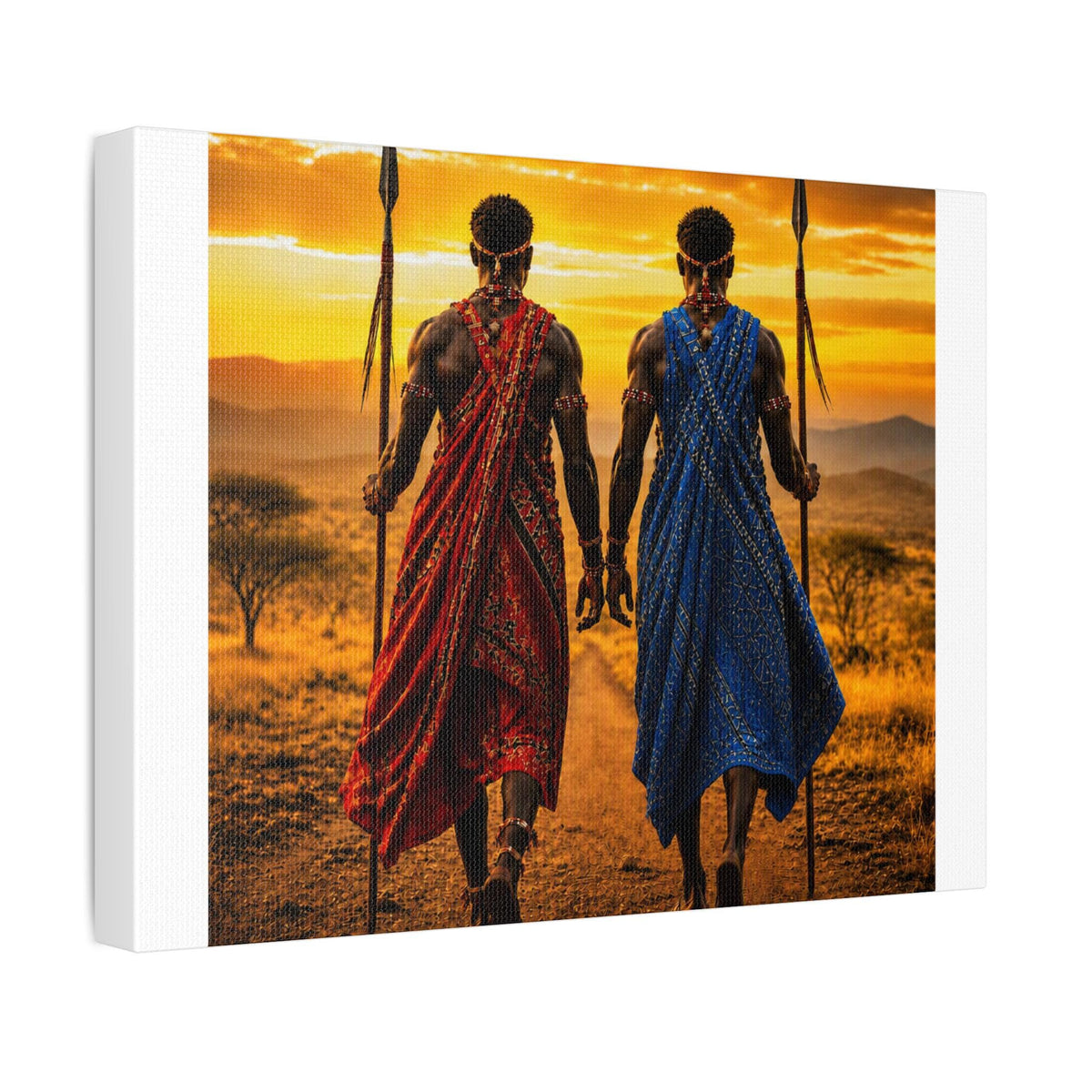 Maasai Warriors Stretched Canvas | African Sunset Wall Art