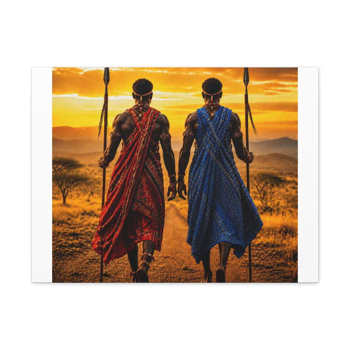 Maasai Warriors Stretched Canvas | African Sunset Wall Art