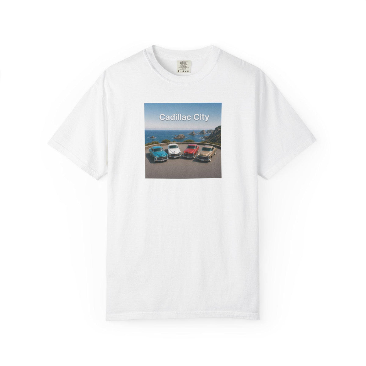 Cadillac City vintage cars graphic T-shirt | classic car beach scene