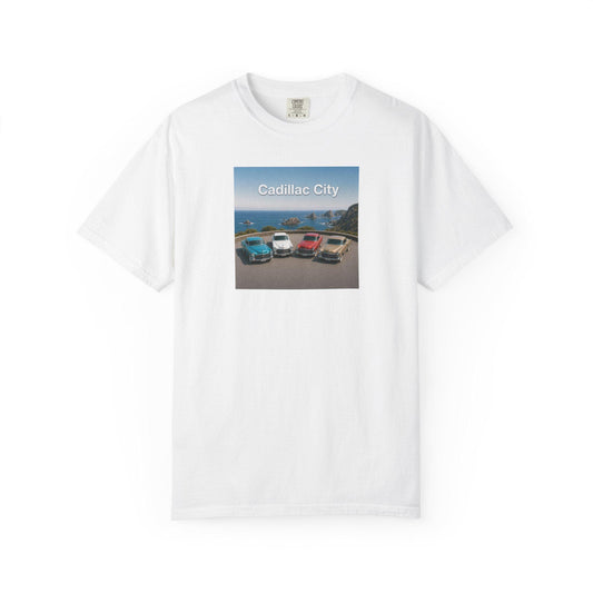 Cadillac City vintage cars graphic T-shirt | classic car beach scene