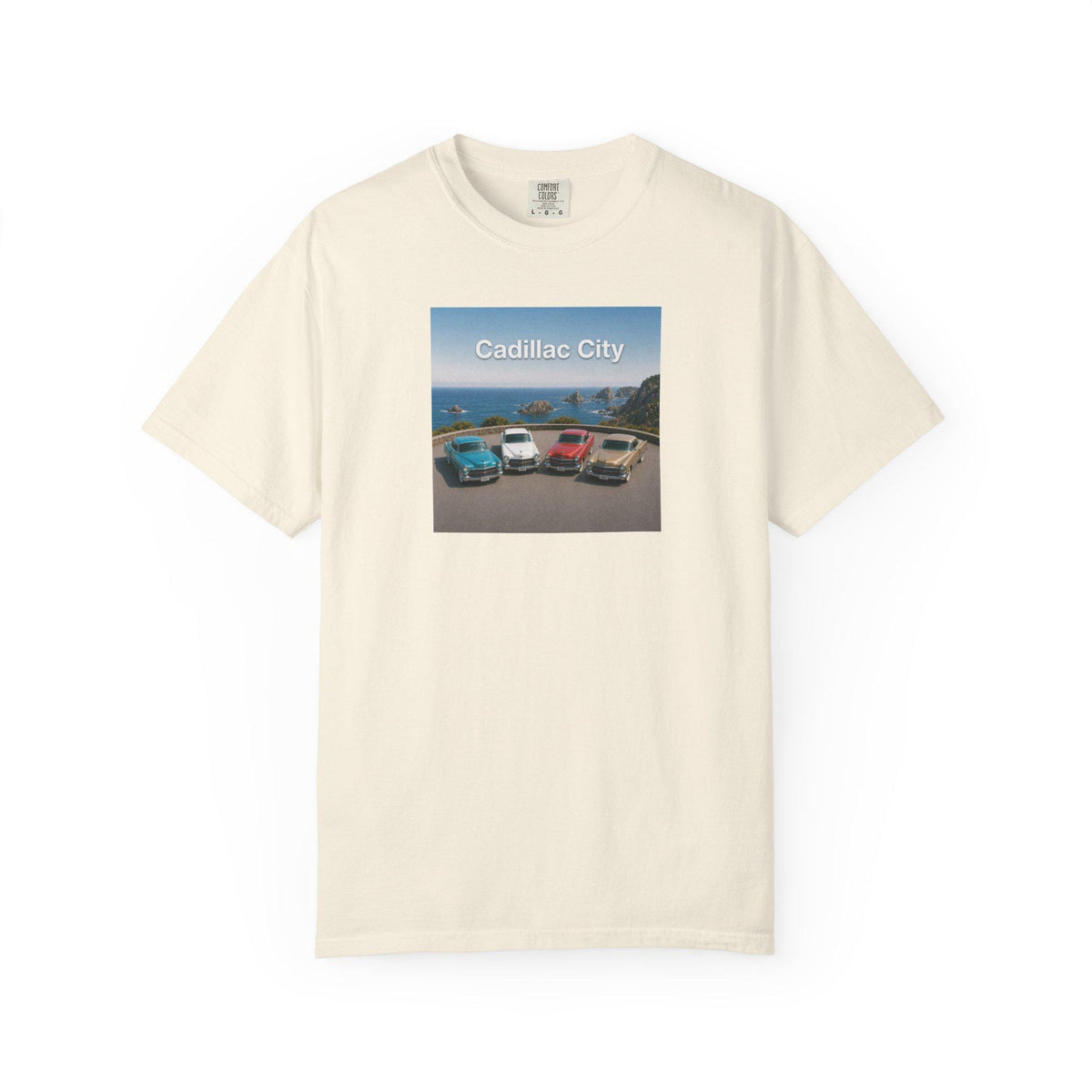 Cadillac City vintage cars graphic T-shirt | classic car beach scene