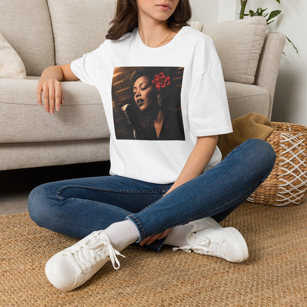 Vintage Jazz Singer T-Shirt  Retro Microphone Portrait with Red Flower