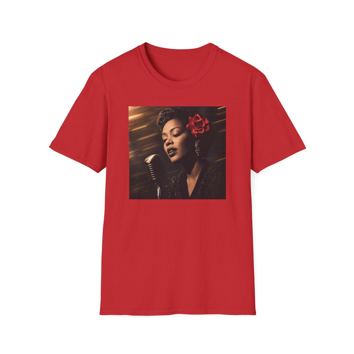 Vintage Jazz Singer T-Shirt  Retro Microphone Portrait with Red Flower