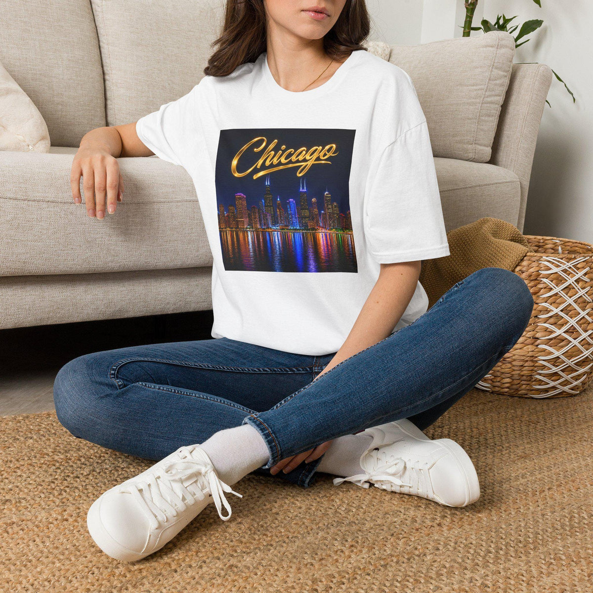 Chicago Skyline T-Shirt  Retro Script City Nightscape Tee