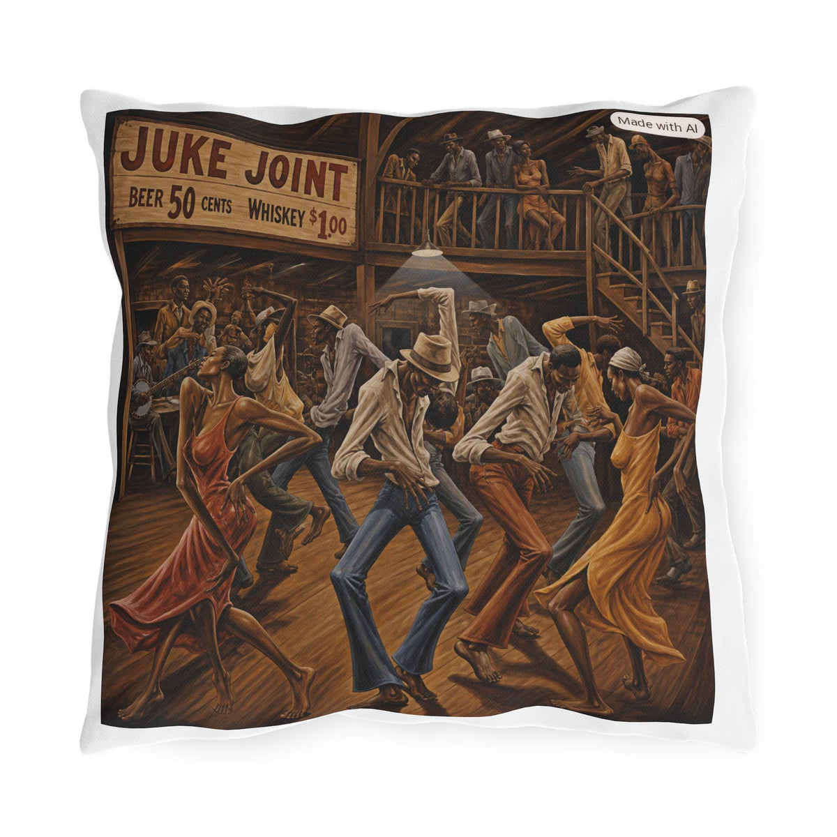 Juke Joint Dance Scene Outdoor Pillow | Vintage Blues Bar Dance Illustration