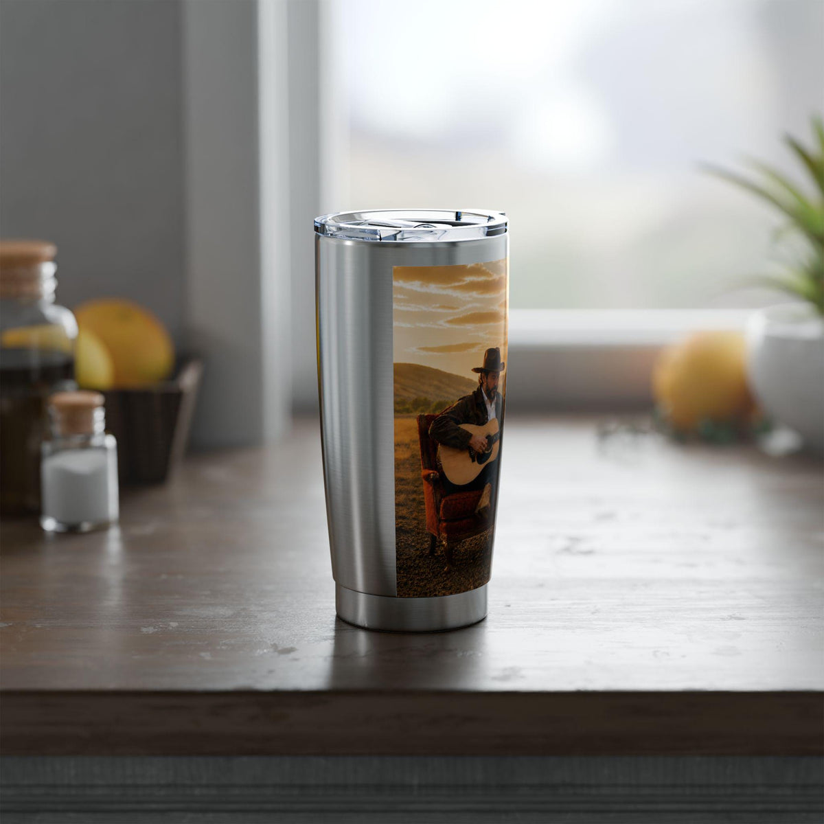 Country Vagabond Guitar Player Tumbler | Western Train Station Scene