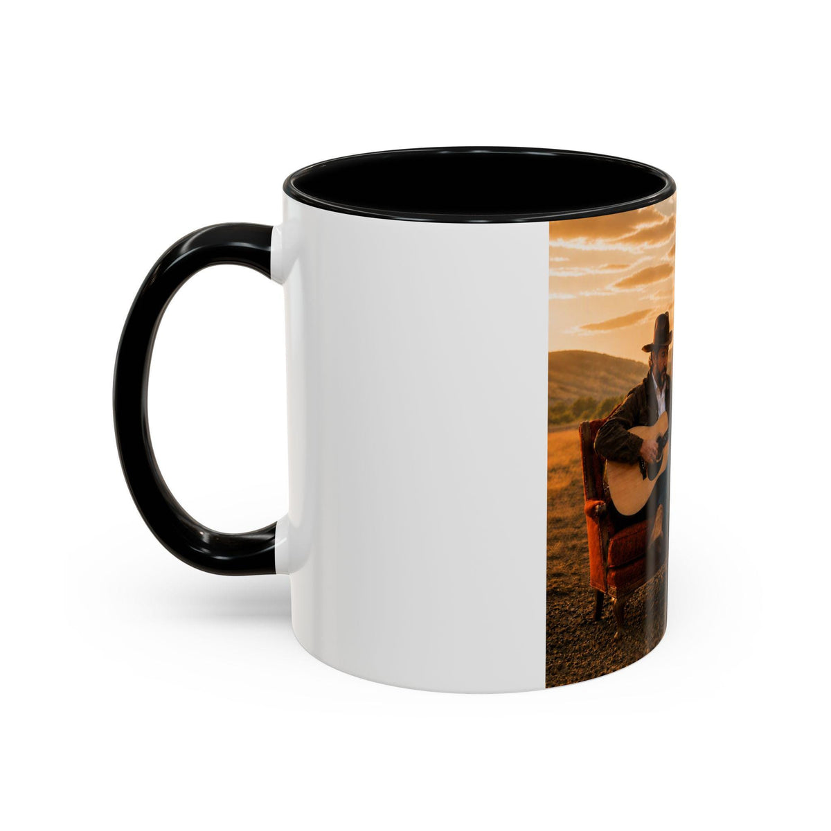 Cowboy Guitar Player Mug | Western Train Station Sunset Accent Coffee Mug