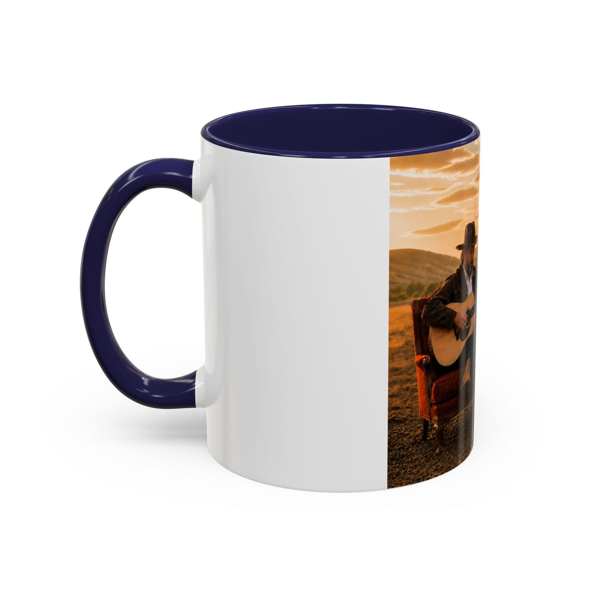 Cowboy Guitar Player Mug | Western Train Station Sunset Accent Coffee Mug
