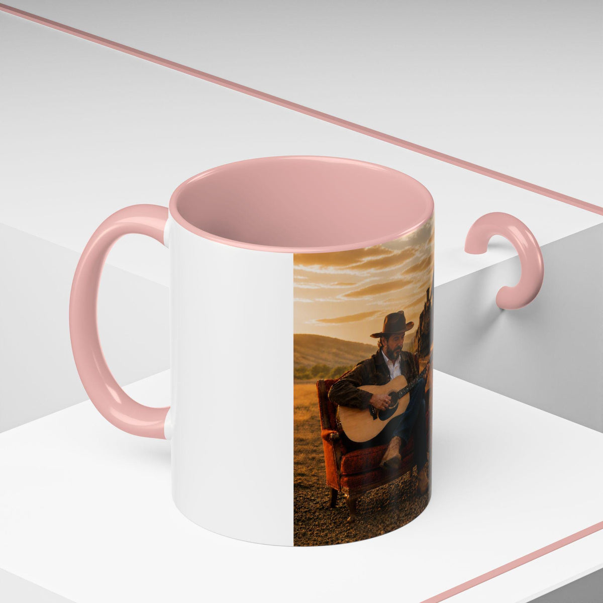 Cowboy Guitar Player Mug | Western Train Station Sunset Accent Coffee Mug