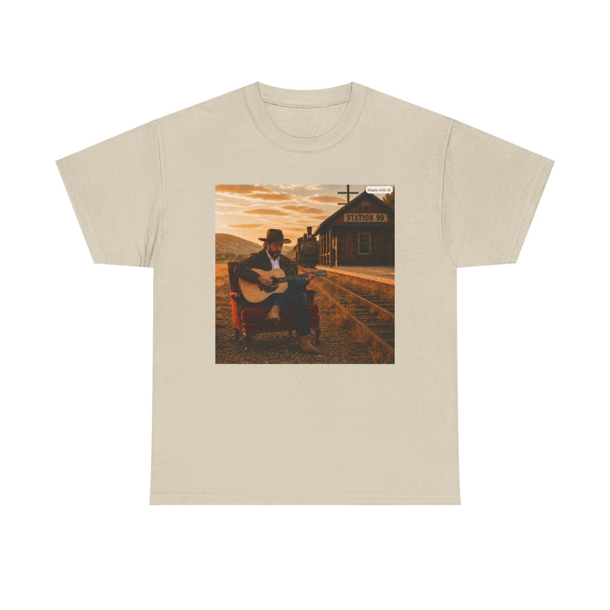 Country Guitar Player T-Shirt | Vintage Train Station Sunset, Americana music tee