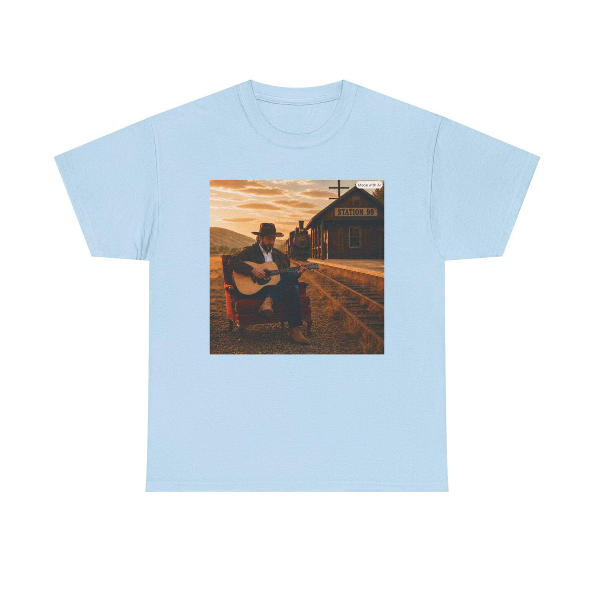 Country Guitar Player T-Shirt | Vintage Train Station Sunset, Americana music tee