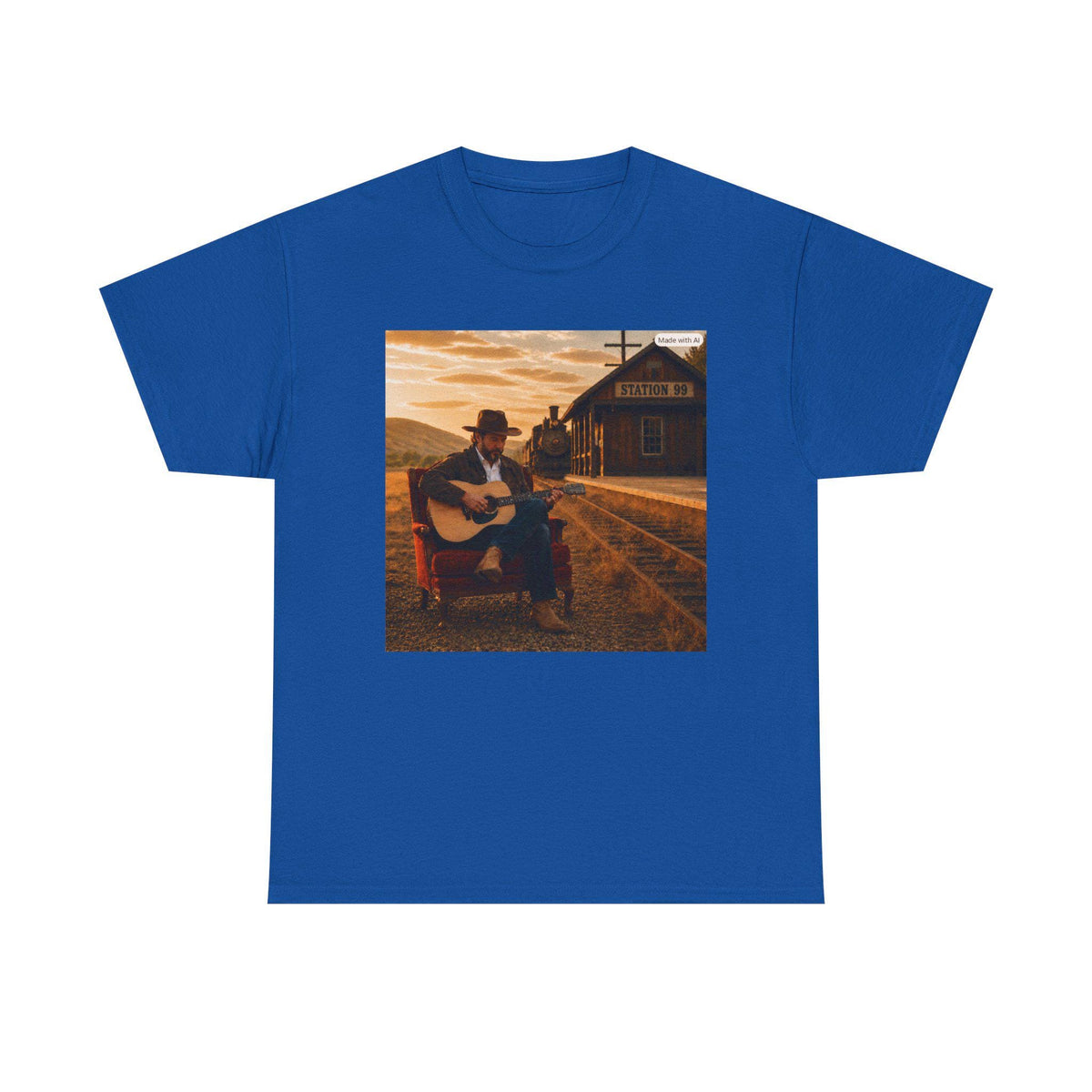 Country Guitar Player T-Shirt | Vintage Train Station Sunset, Americana music tee