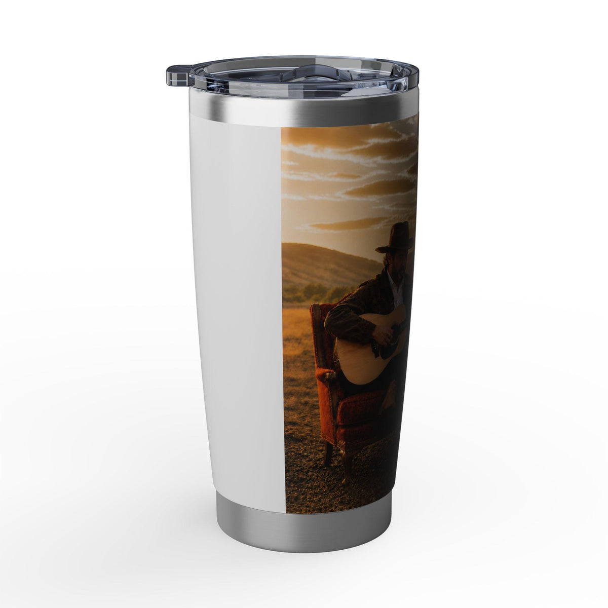 Country Vagabond Guitar Player Tumbler | Western Train Station Scene