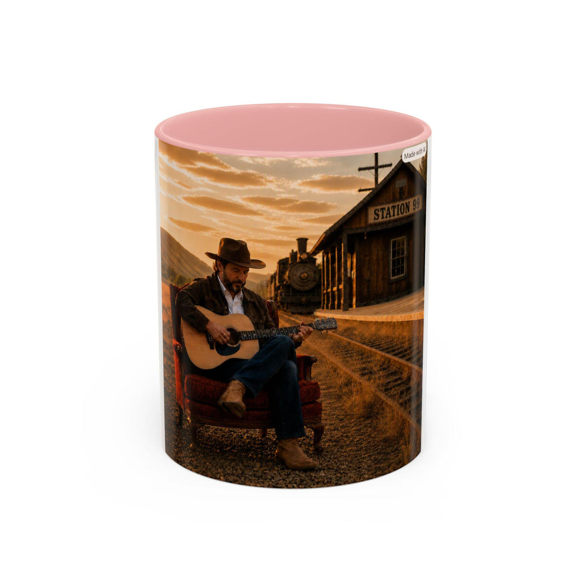 Cowboy Guitar Player Mug | Western Train Station Sunset Accent Coffee Mug