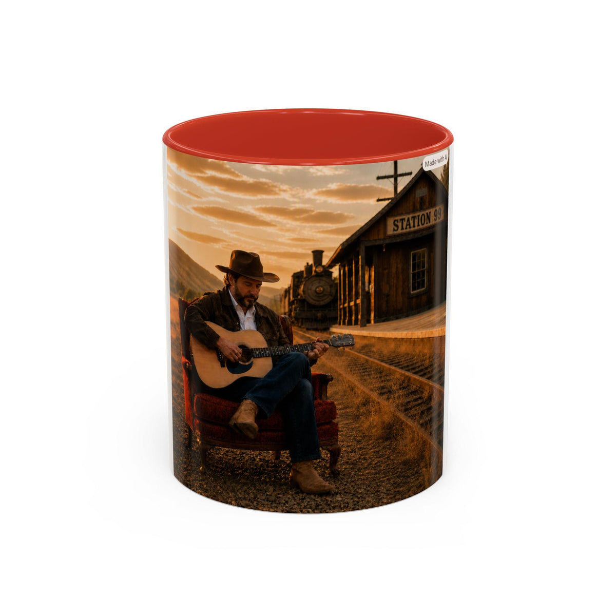 Cowboy Guitar Player Mug | Western Train Station Sunset Accent Coffee Mug