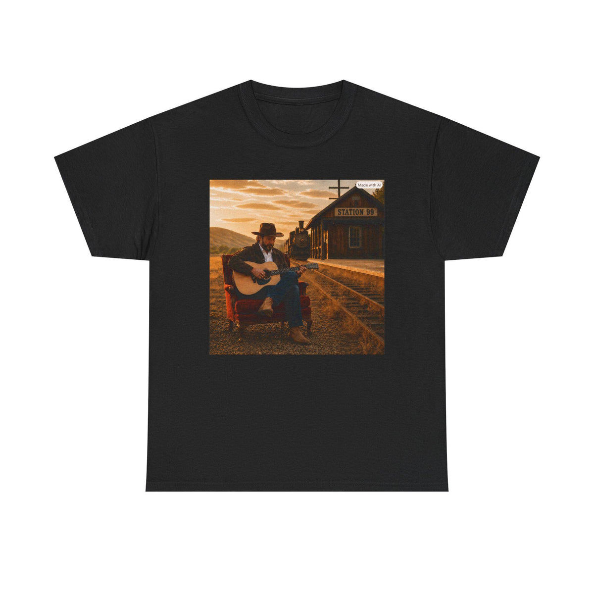 Country Guitar Player T-Shirt | Vintage Train Station Sunset, Americana music tee