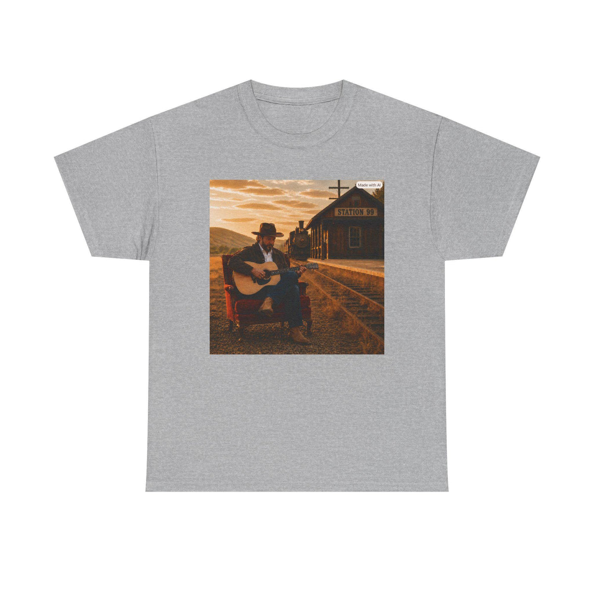 Country Guitar Player T-Shirt | Vintage Train Station Sunset, Americana music tee