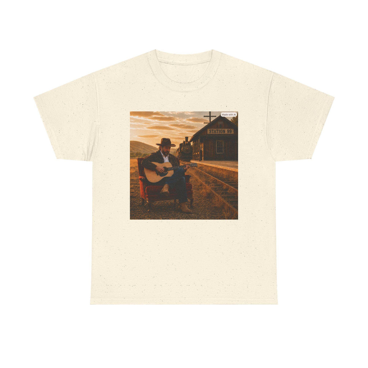Country Guitar Player T-Shirt | Vintage Train Station Sunset, Americana music tee