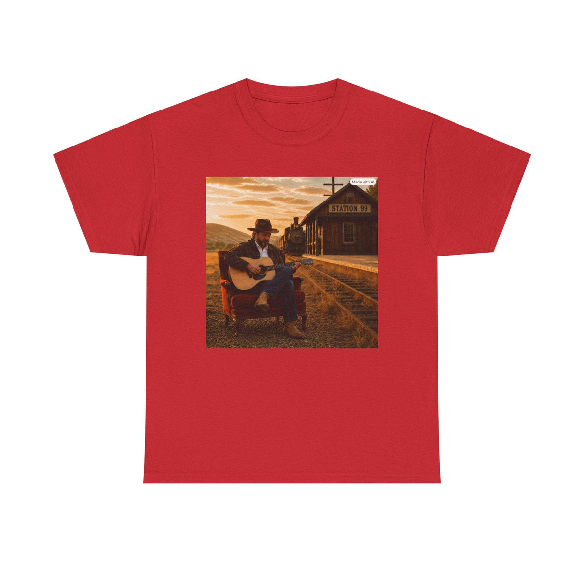 Country Guitar Player T-Shirt | Vintage Train Station Sunset, Americana music tee