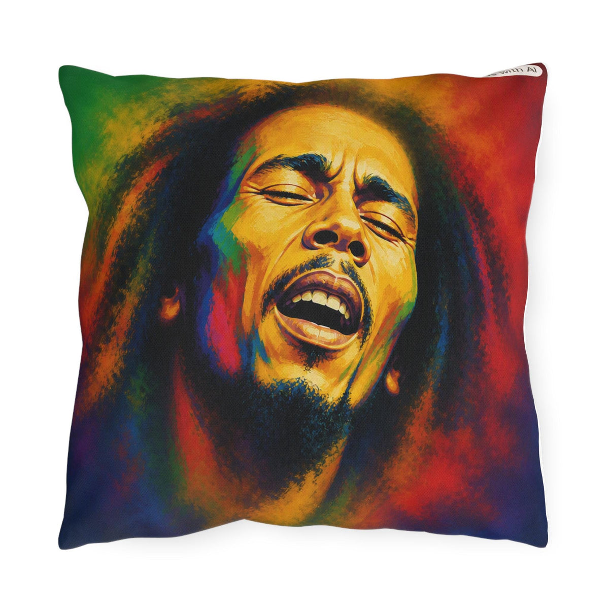 Reggae Rasta Portrait Outdoor Pillow | Colorful Singing Face Cushioned Accent
