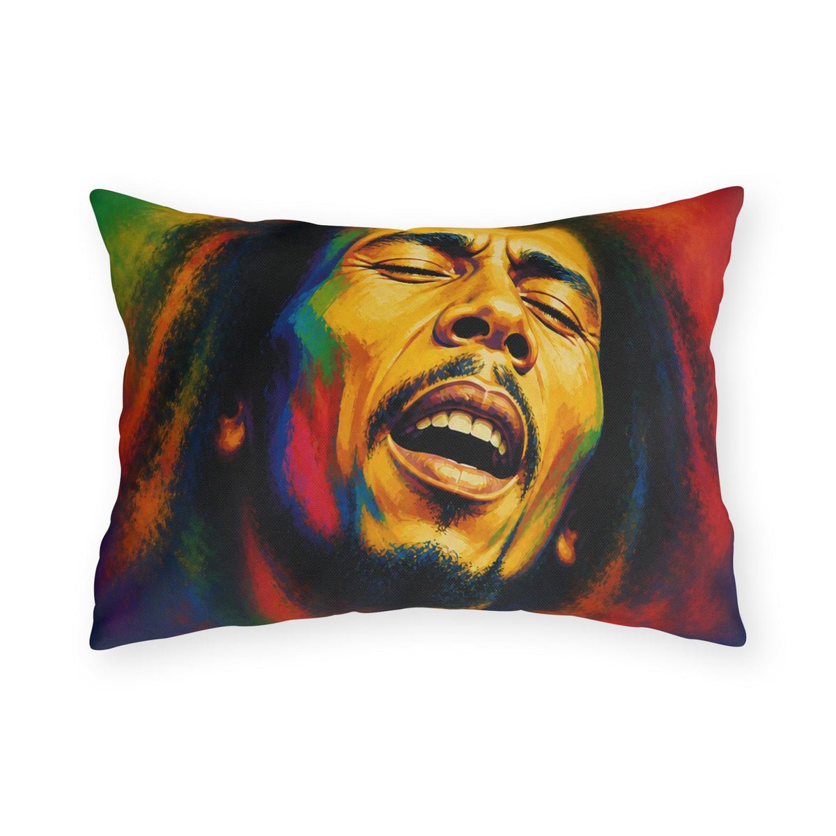 Reggae Rasta Portrait Outdoor Pillow | Colorful Singing Face Cushioned Accent