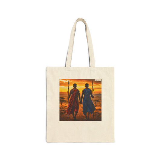 Sunset Warriors tote bag | silhouette duo, walking at sunset