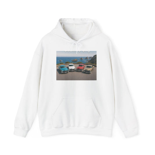 Vintage Caddy Beach Scene Hoodie | Surf Van Roadtrip Print