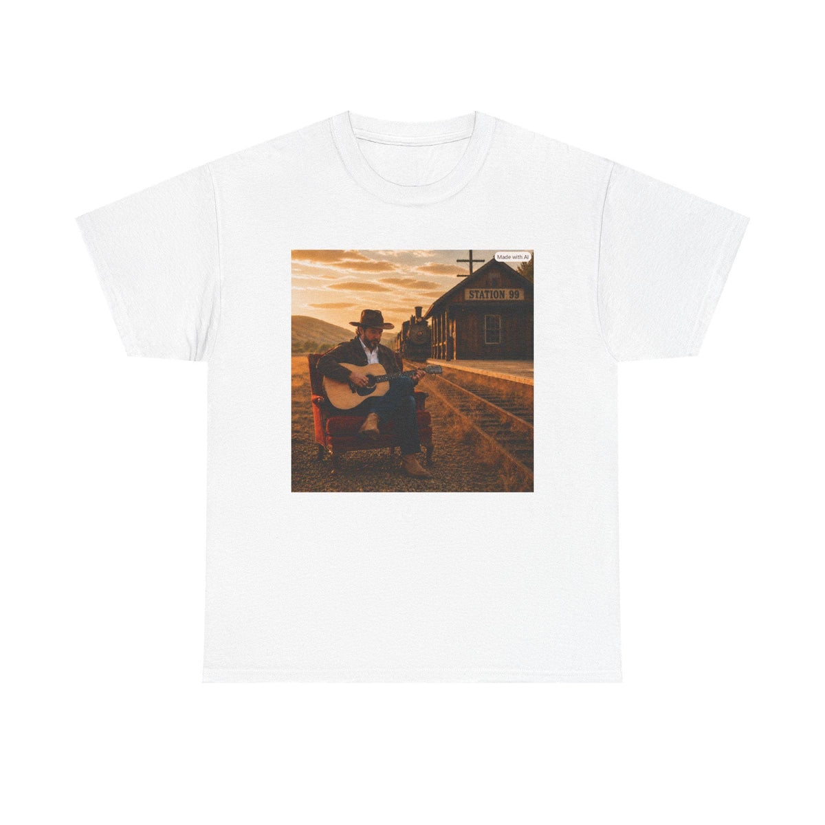 Country Guitar Player T-Shirt | Vintage Train Station Sunset, Americana music tee