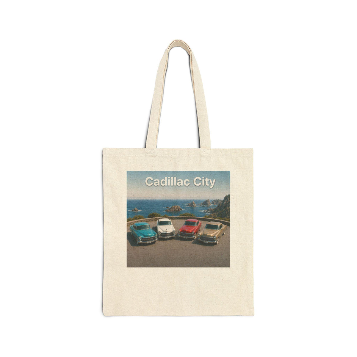 Cadillac City Vintage Cars Tote Bag | Classic Roadtrip Beach Scene